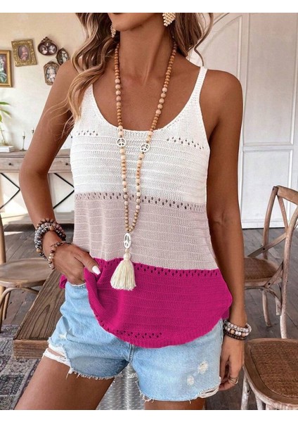 Kadın Askılı Yuvarlak Yaka Çift Renkli Triko Bluz