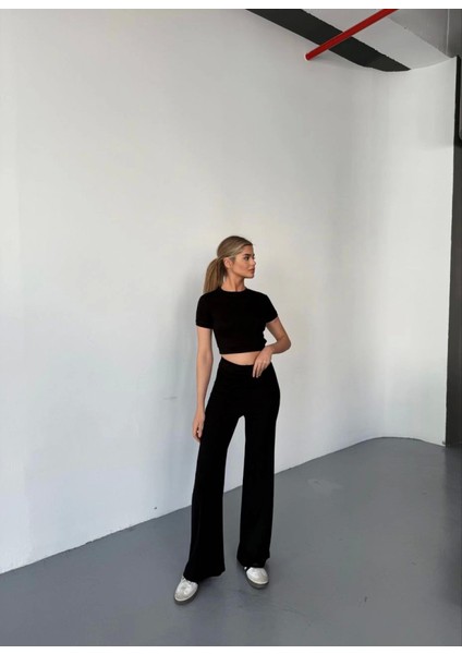 Osy Modal Yumuşak Dokulu Kumaş Kısa Kollu Crop Rahat Pantalon Ikili Takım - Siyah