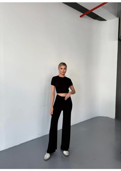 Osy Modal Yumuşak Dokulu Kumaş Kısa Kollu Crop Rahat Pantalon Ikili Takım - Siyah