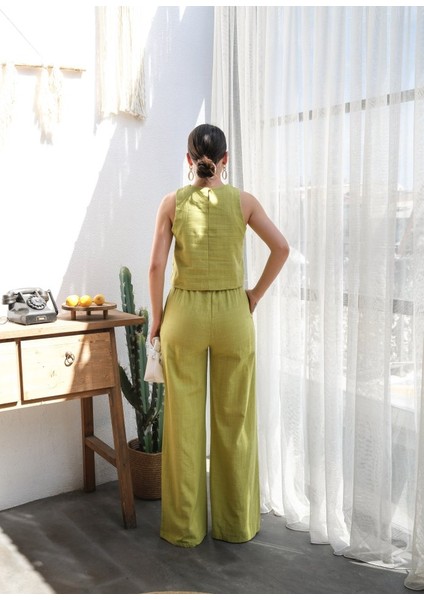 Keten Bluz ve Pantolon Iki̇li̇ Takim
