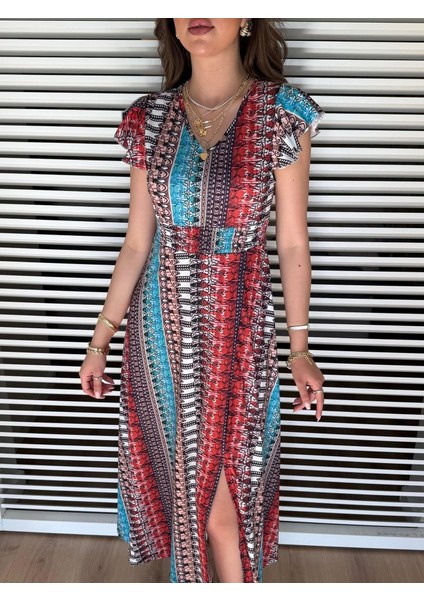 Kadın Kısa Kollu V Yakalı Desenli Yandan Yırtmaçlı Süprem Elbise fiyatları