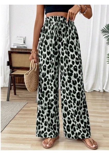 Kadın Süprem Kumaş Beli Lastikli Leopar Desen Pantolon