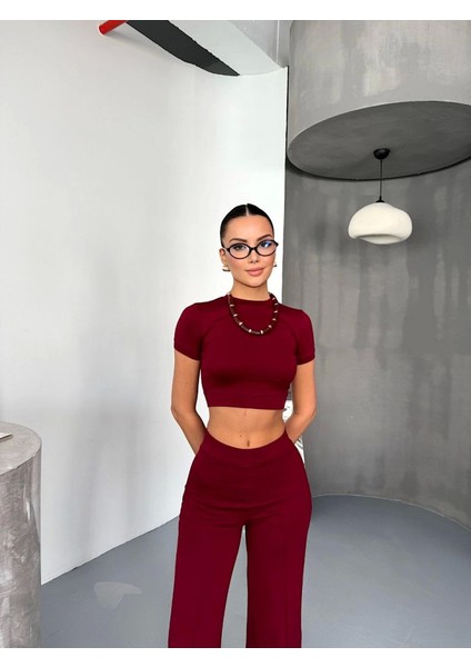 Osy Modal Yumuşak Dokulu Kumaş Kısa Kollu Crop Alt Ispanyol Paça Pantalon Ikili Takım - Bordo