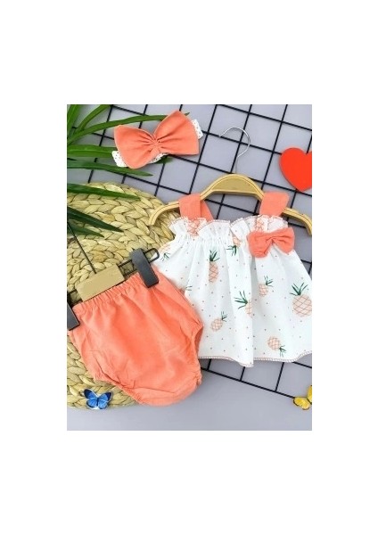 3-6-9-12 Ay Bandajlı ve Kilotlu Ananas Desenli Askılı 3lü Kız Bebek Elbisesi