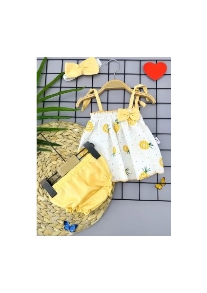 3-6-9-12 Ay Bandajlı ve Kilotlu Ananas Desenli Askılı 3lü Kız Bebek Elbisesi