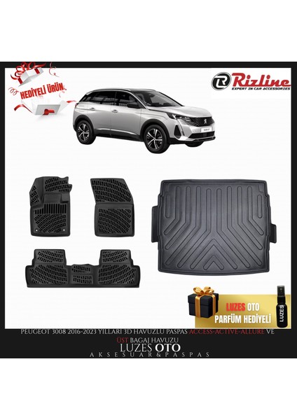 Peugeot 3008 3D Havuzlu Paspas Access-Active-Allure ve Üst Bagaj Havuzu 2021 Model Uyumlu