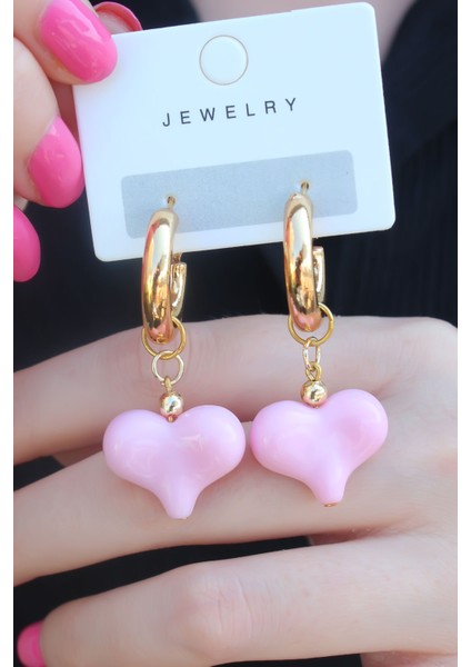 Gold Renk Halka Model Pembe Kalp Model Kadın Küpe