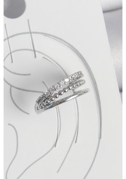 Pirinç Gümüş Renk Zirkon Taşlı 3'lü Sıralı Model Kadın Kıkırdak Küpe