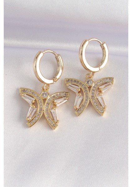 Pirinç Gold Renk Zirkon Taşlı Kelebek Tasarım Küpe