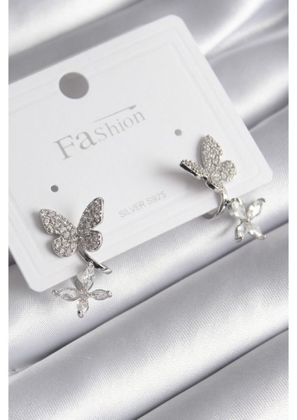 Pirinç Gümüş Renk Zirkon Taşlı Kelebek Model Kadın Küpe