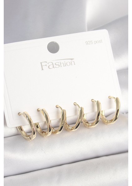 925 Ayar Gümüş Çivi Pirinç Gold Renk Oval Halka Model Kadın Küpe Seti