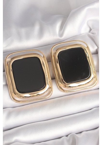 Pirinç Gold Renk Siyah Mineli Kare Model Kadın Küpe