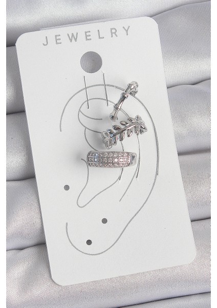 Pirinç Gümüş Renk Zirkon Taşlı 3'lü Model Yaprak Figür Kadın Kıkırdak Küpe fiyatları