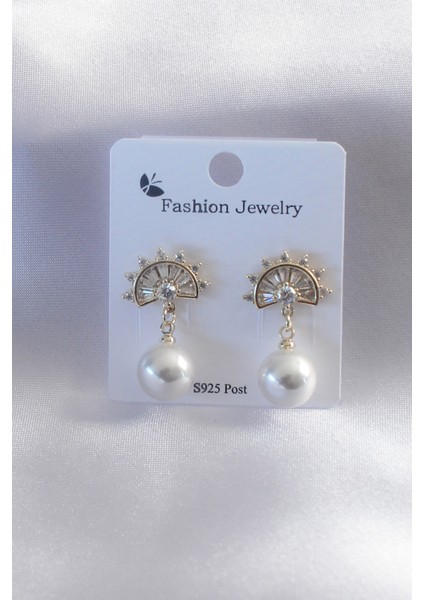 Gold Renk Zirkon Taşlı Inci Sallantı Model Kadın Küpe