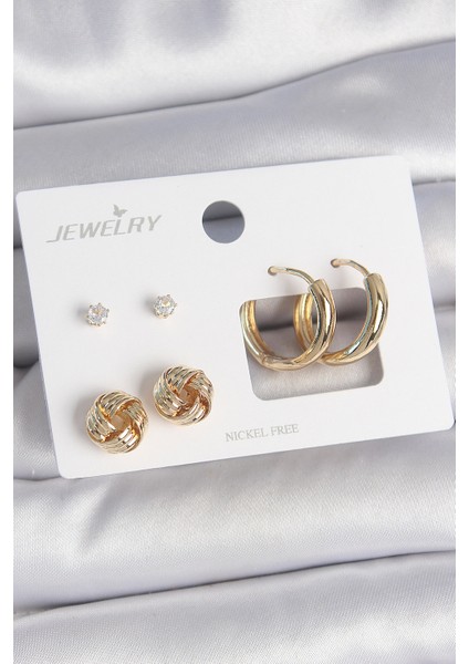 Pirinç Gold Renk Zirkon Taşlı Halka Model Burgu Detay 3 Çift Kadın Küpe Seti