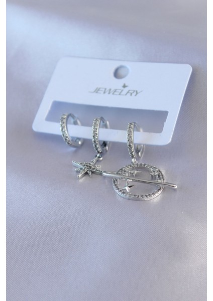 Gümüş Renk Zirkon Taşlı Yıldız Model Pirinç Kadın Küpe