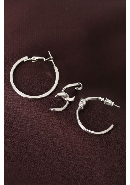 Düğüm Model Gümüş Renk Metal Çoklu Halka Küpe