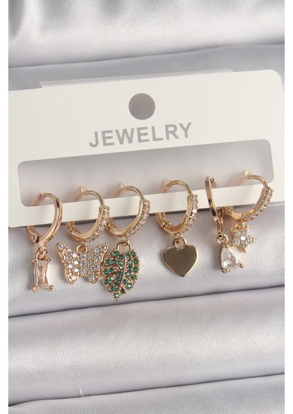 Pirinç Gold Renk Renkli Kelebek Figür Çoklu Figür Kadın Küpe Seti