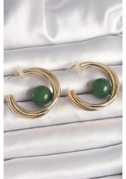 Pirinç Gold Renk Halka Model Yeşil Boncuk Detay Kadın Küpe