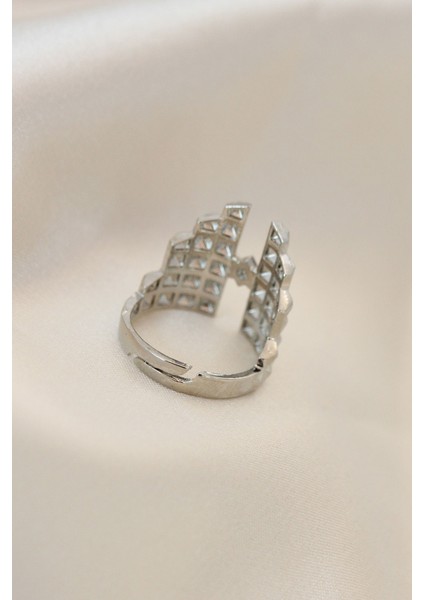 Ayarlamalı Gümüş Renk Metal Zirkon Taşlı Piramit Yüzük fiyatları