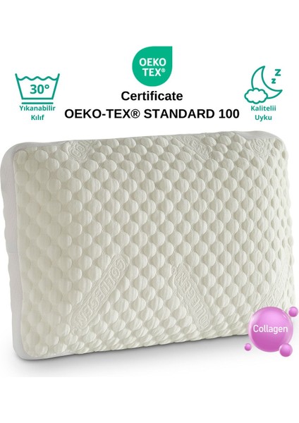 Kolajen Collagen Kılıflı Visco Visko Delikli Bütün Sünger Yastık 60X40CM 1200GR Omuz/boyun Destekli