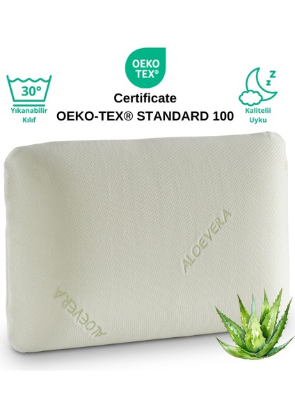 Aloevera Kılıflı Visco Visko Delikli Bütün Sünger Yastık 60X40X14 cm 1330 gr Omuz/boyun Destekli
