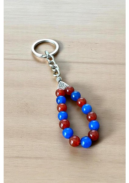 8 mm Akik Doğaltaşlı Bordo-Mavi Taraftar Anahtarlık