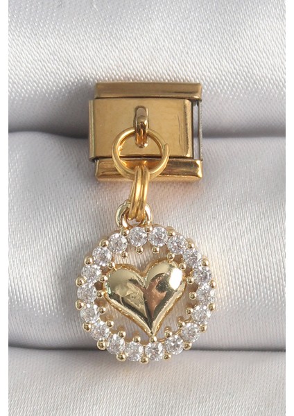 316L Çelik Gold Renk Sallantı Zirkon Taşlı Kalp Model Nomination Charm