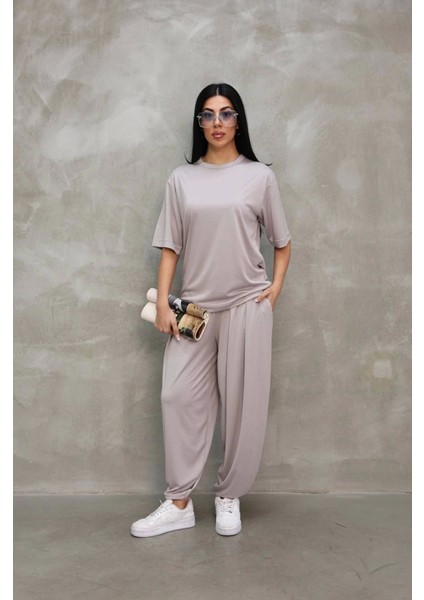 Osy Modal Yumuşak Dokulu Kumaş Oversize Bisiklet Yaka T-Shirt Jogger Eşofman Altı Eşofman Takımı - Gri