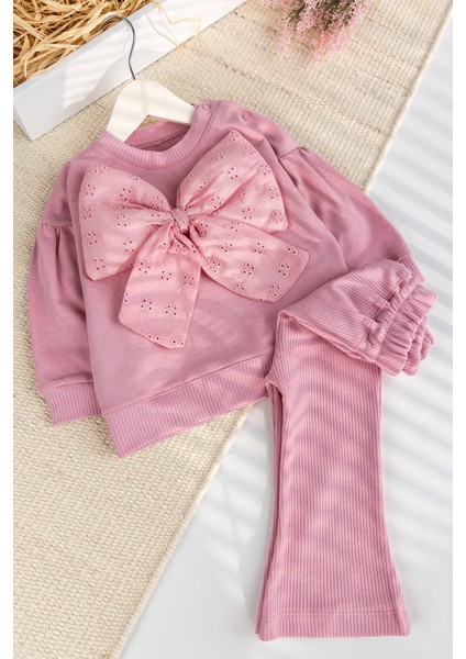 Fiyonklu 100% Pamuk 2'li Kız Bebek Takım Pembe