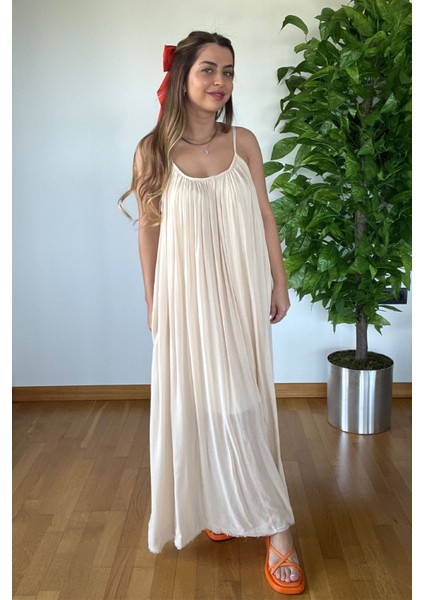 Yeni Sezon Kadın Krem Rengi Tül Yazlık Elbise Şık Askılı Uçuş Model Tatil Plaj Bohem Stil