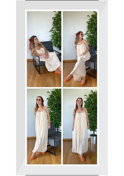 Yeni Sezon Kadın Krem Rengi Tül Yazlık Elbise Şık Askılı Uçuş Model Tatil Plaj Bohem Stil