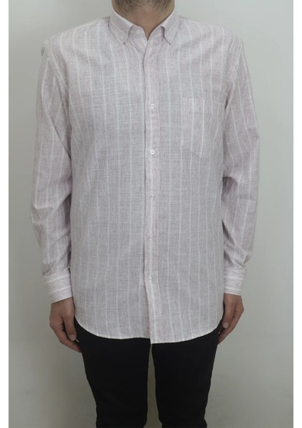 Fistan Store Erkek Çizgili Rahat Kalıp Tek Cepli Uzun Kollu Yazlık Keten Gömlek