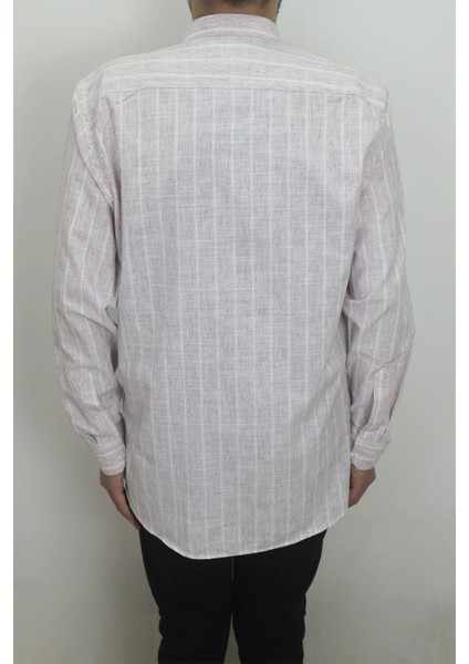 Fistan Store Erkek Çizgili Rahat Kalıp Tek Cepli Uzun Kollu Yazlık Keten Gömlek modelleri