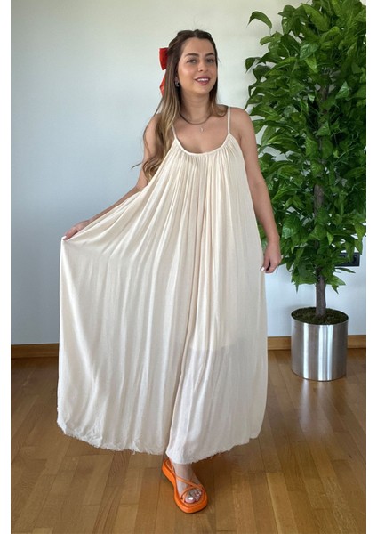 Yeni Sezon Kadın Krem Rengi Tül Yazlık Elbise Şık Askılı Uçuş Model Tatil Plaj Bohem Stil indirimleri