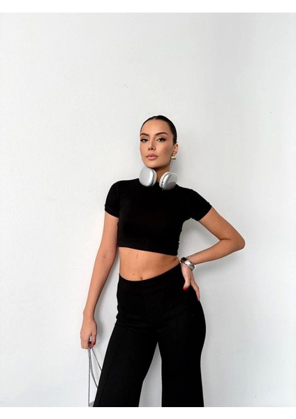 Osy Modal Yumuşak Dokulu Kumaş Kısa Kollu Crop Alt Ispanyol Paça Pantalon Ikili Takım - Siyah