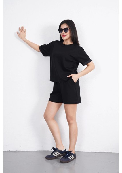 Osy Modal Yumuşak Dokulu Kumaş Bisiklet Yaka T-Shirt Kısa Şort Ikili Takım - Siyah