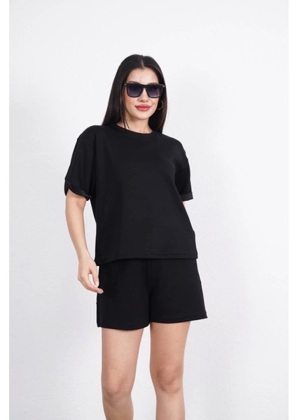 Osy Modal Yumuşak Dokulu Kumaş Bisiklet Yaka T-Shirt Kısa Şort Ikili Takım - Siyah
