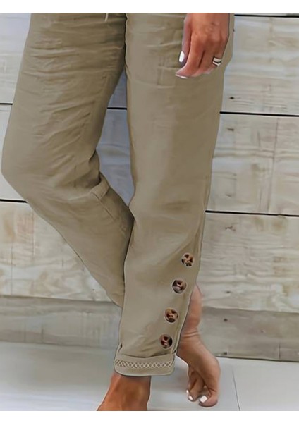 Kadın Yüksek Bel Lastikli Yandan Düğmeli Ithal Keten Pantolon fiyatları