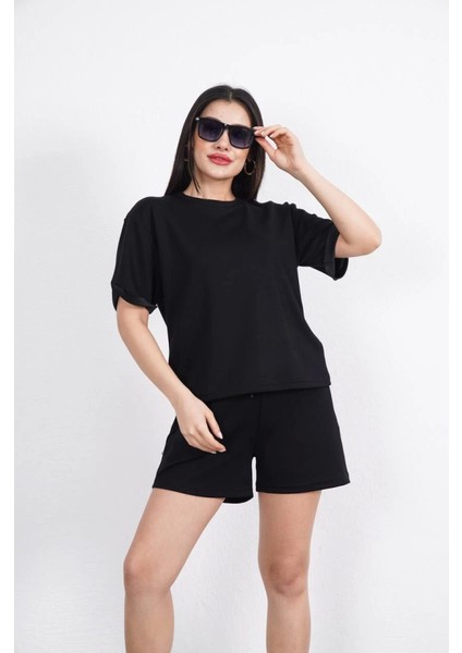 Osy Modal Yumuşak Dokulu Kumaş Bisiklet Yaka T-Shirt Kısa Şort Ikili Takım - Siyah