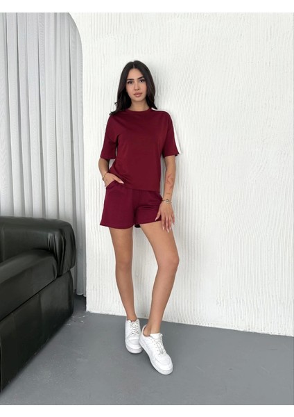 Osy Modal Yumuşak Dokulu Kumaş Parçalı Bisiklet Yaka T-Shirt Kısa Şort Ikili Takım - Bordo
