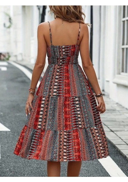 Kadın Ip Askılı V Yakalı Bağcıklı Beli Lastikli Desenli Süprem Elbise modelleri