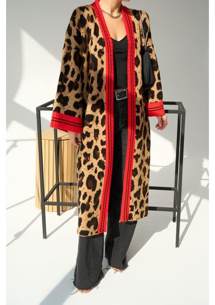 Modamuvo Uzun Leopar Hırka - Camel-Kırmızı
