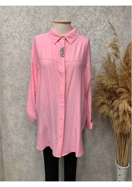 25Y170146 Gömlek Gizli Düğme Kapama Kol ve Yaka Taş Detaylı - Aynaz - 25Y170146 - Pembe - Standart