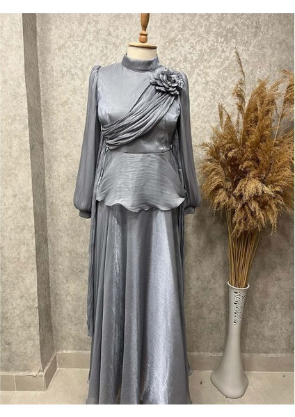 25Y9593 Elbise Abiye Janjan Göğüs Gül Bronşlu - Patisca - 25Y9593 - Gri - 38