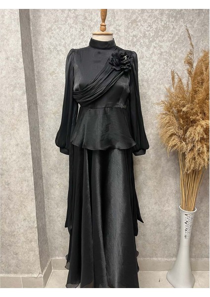 25Y9593 Elbise Abiye Janjan Göğüs Gül Bronşlu - Patisca - 25Y9593 - Siyah - 40