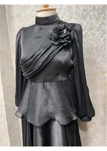 25Y9593 Elbise Abiye Janjan Göğüs Gül Bronşlu - Patisca - 25Y9593 - Siyah - 40