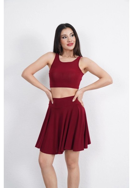 Sendy Kumaş Bisiklet Yaka Crop Şortlu Etek Ikili Takım - Bordo