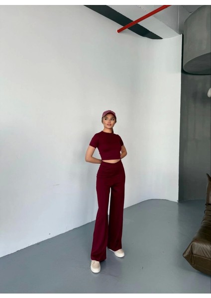 Osy Modal Yumuşak Dokulu Kumaş Kısa Kollu Crop Rahat Pantalon Ikili Takım - Bordo