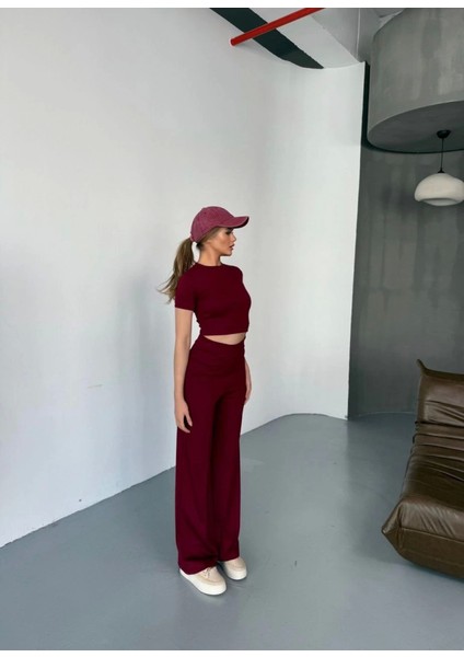 Osy Modal Yumuşak Dokulu Kumaş Kısa Kollu Crop Rahat Pantalon Ikili Takım - Bordo
